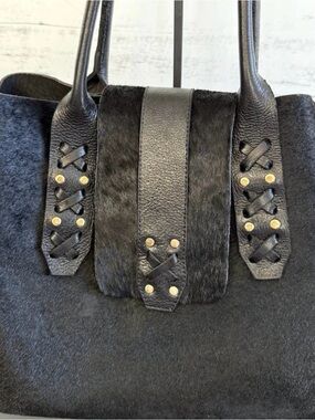 Calleen Cordero Black Leather & Haircalf Tote Bag with Stud Detail